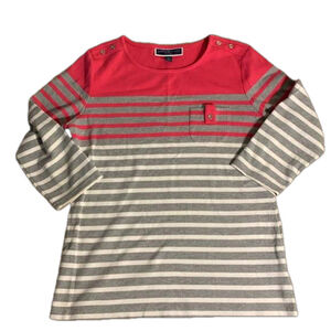 Karen Scott Sport pink, grey and white striped 1/2 sleeve top medium